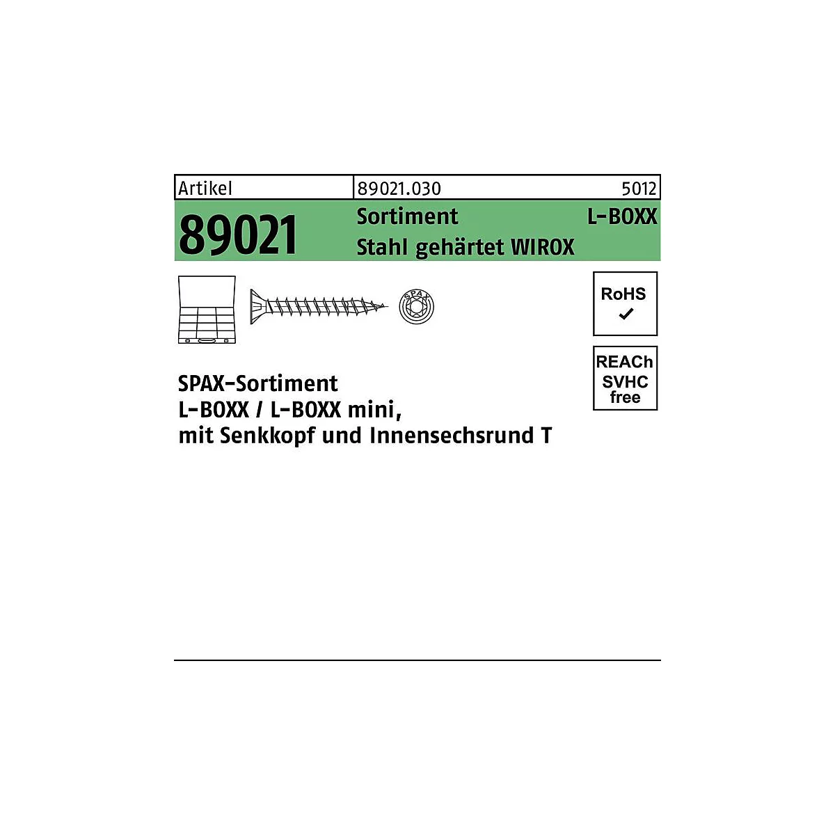 SPAX schroefassortiment R 8902, L-BOXX montagebehuizing, WIROX oppervlak, verzonken kop, binnenzeskant T