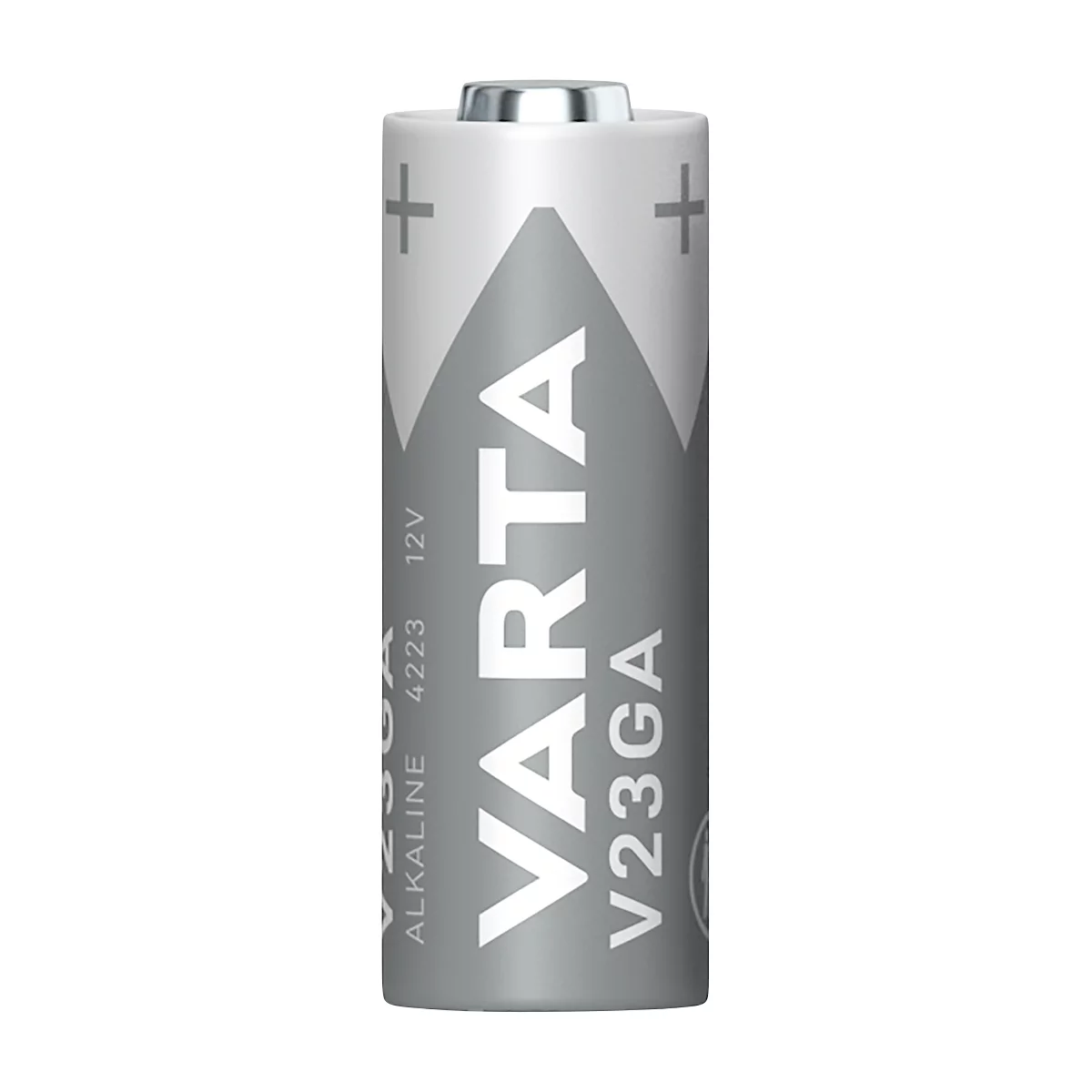 Gray VARTA battery with white print and plus symbols. Text: VARTA, V23GA, Alkaline, 12V, 4223.