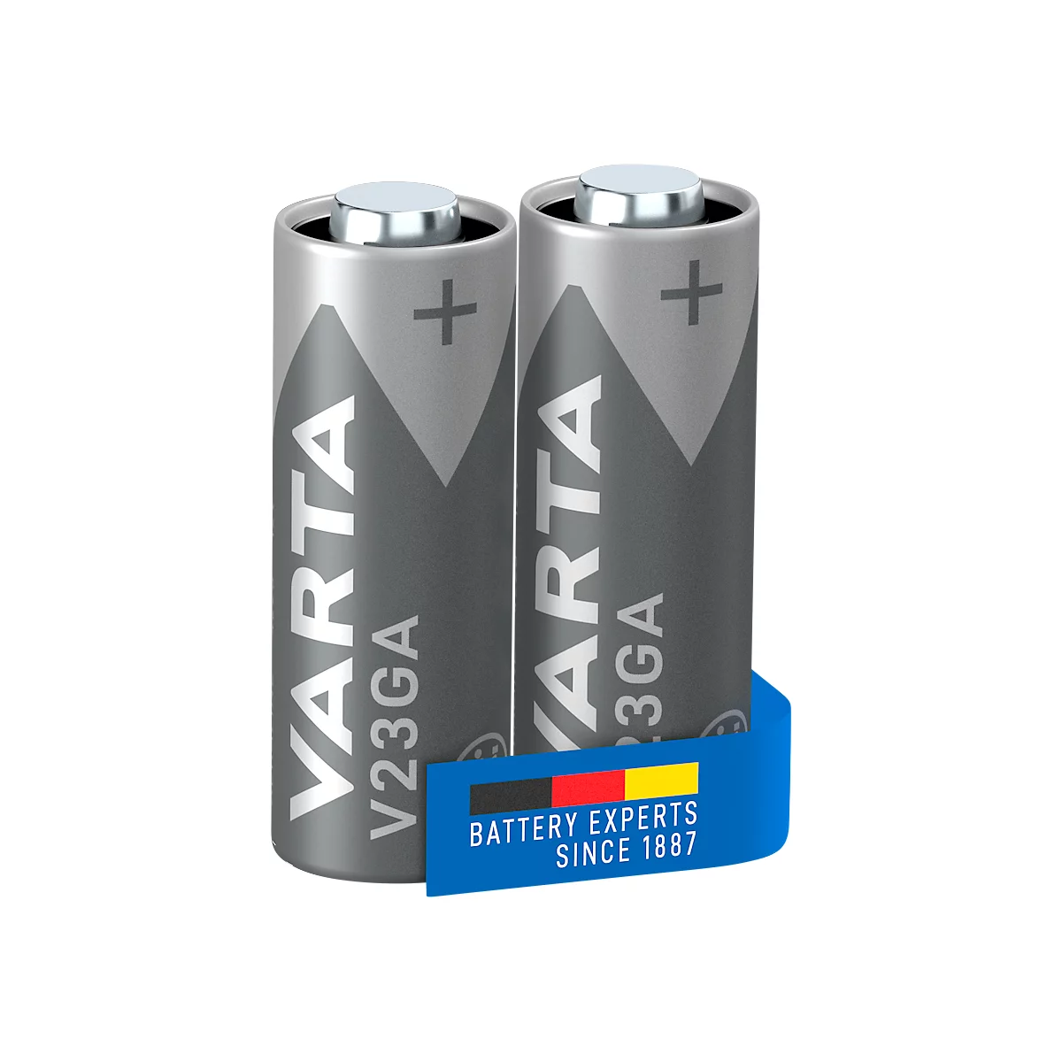 Two VARTA V23GA batteries. Gray cylinders with plus signs and VARTA lettering. On a blue banner: Battery Experts since 1887.