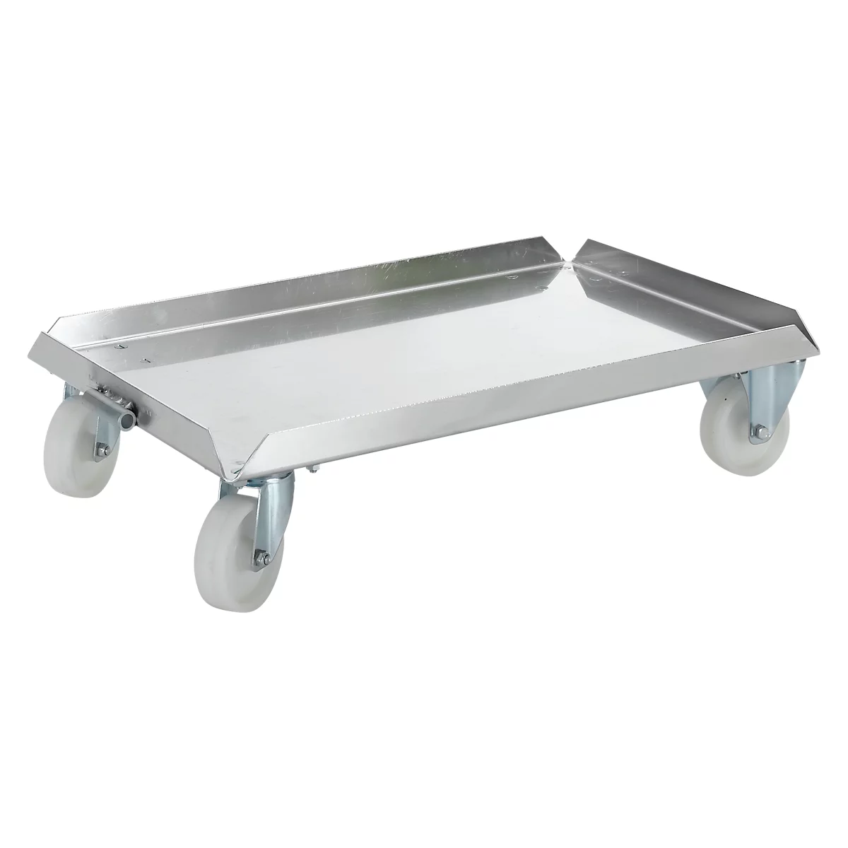 Metal transport trolley with four wheels. The trolley has a rectangular shape with raised sides. The background is white.