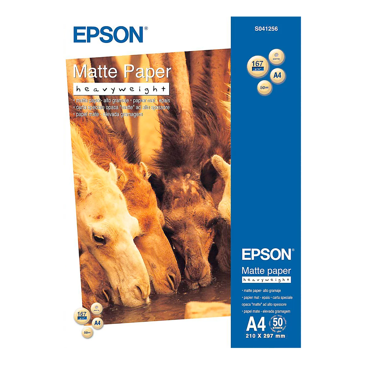 Epson Matte Paper pack, camel faces. Text: Matte Paper, A4, 167g.