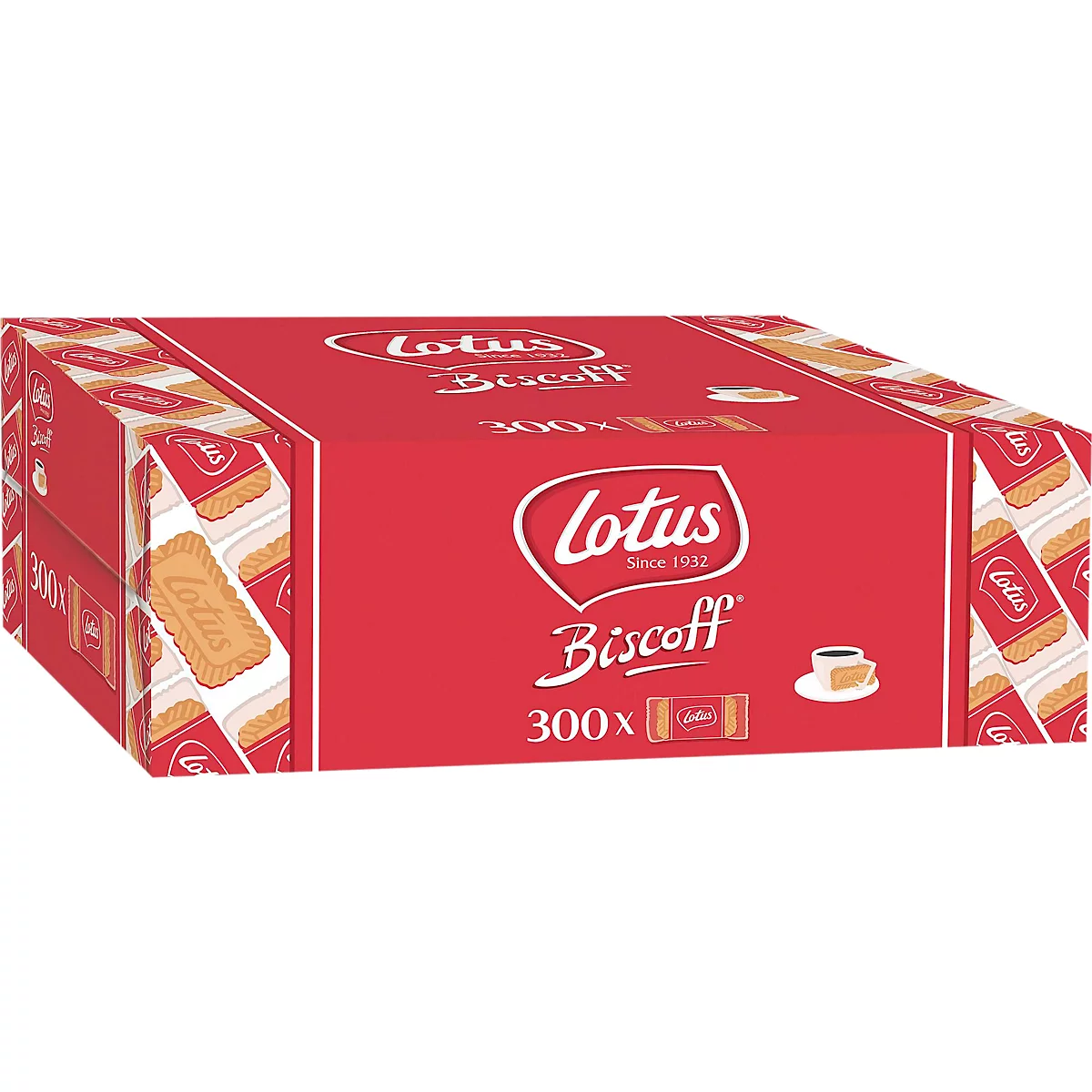 Red carton packaging of Lotus Biscoff biscuits with imprints and a depiction of a biscuit with coffee.
