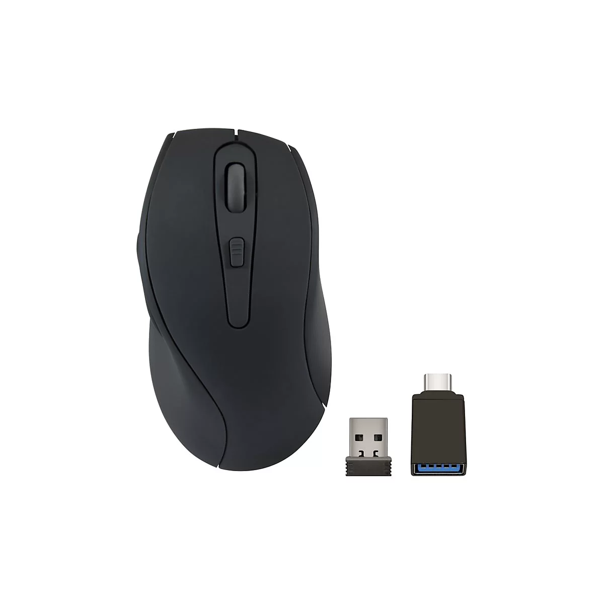 Drahtlose schwarze Computermaus mit einem USB-A- und einem USB-C-Empfänger vor weißem Hintergrund.