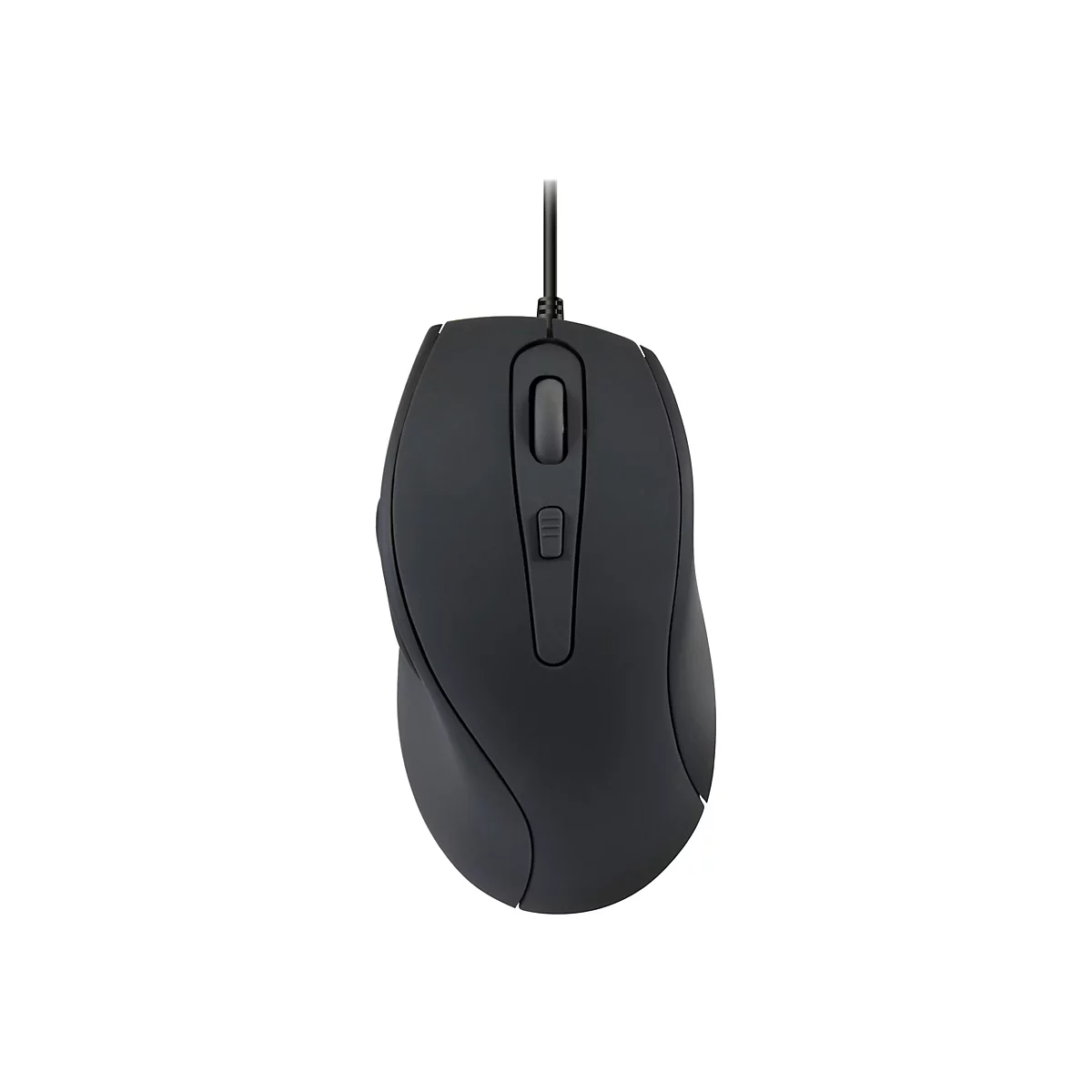 Schwarze, kabelgebundene Computermaus in ergonomischem Design vor weißem Hintergrund.