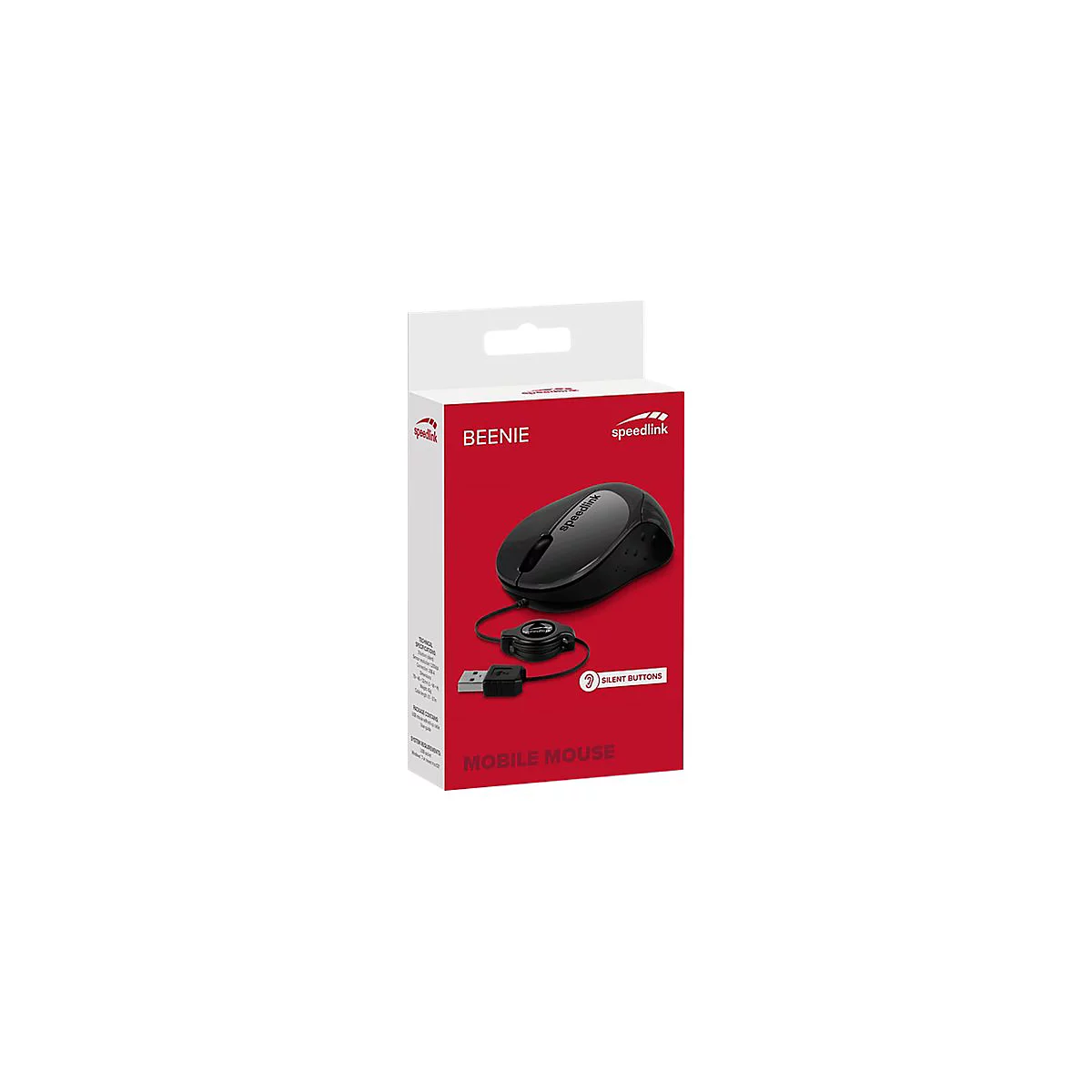 Speedlink Beenie mobile Maus mit Kabelaufwicklung in roter Produktverpackung.