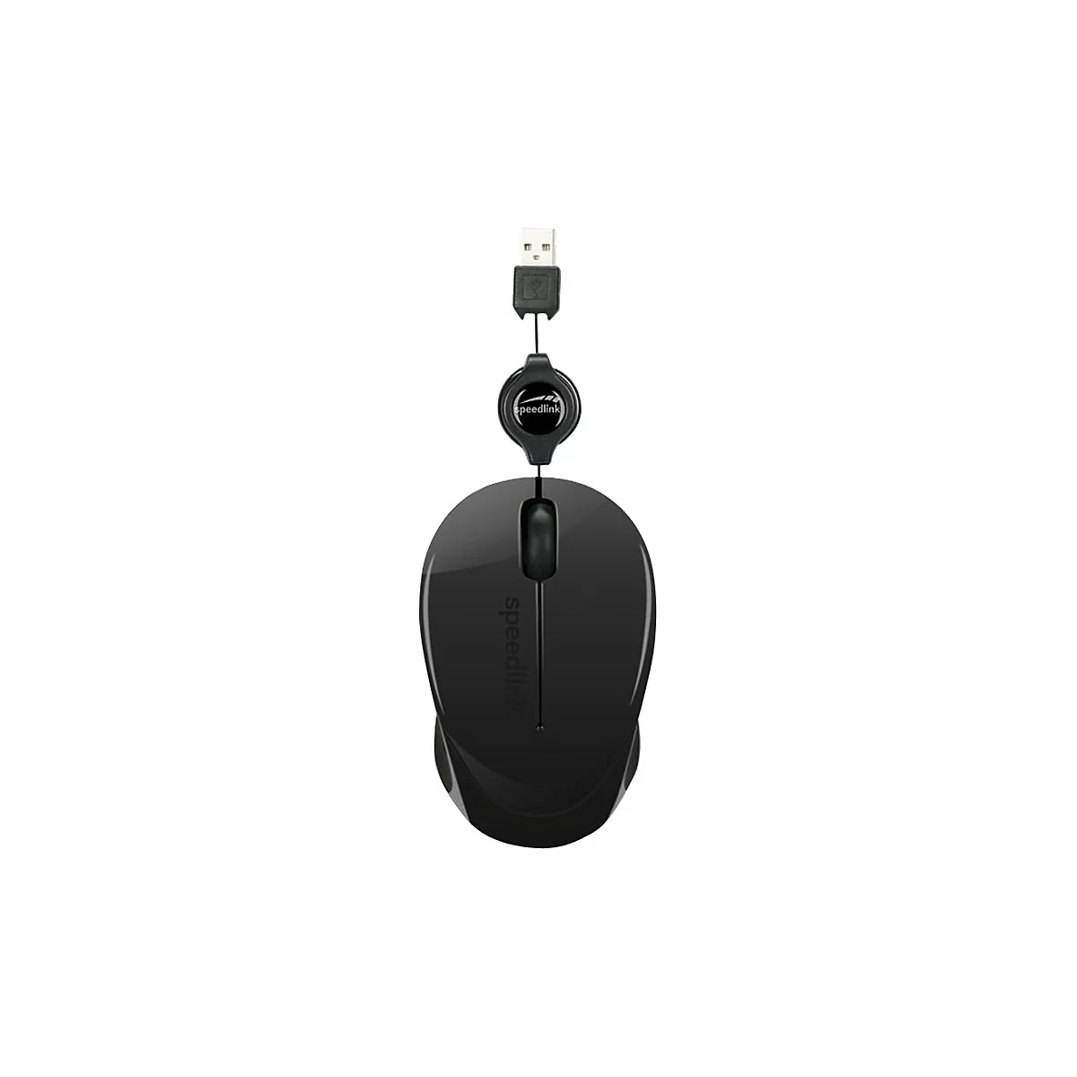 Schwarze, kabelgebundene Computermaus von Speedlink mit aufrollbarem USB-Kabel vor weißem Hintergrund.