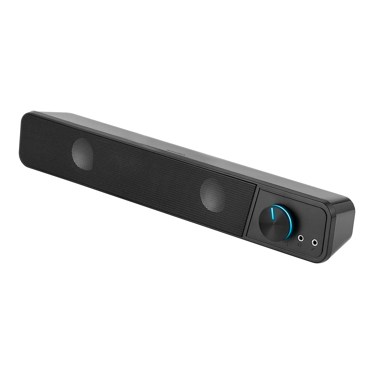 Schwarze Soundbar mit Lautstärkeregler und Anschlüssen. Die Vorderseite hat zwei Lautsprecherauslässe. Auf weißem Hintergrund.