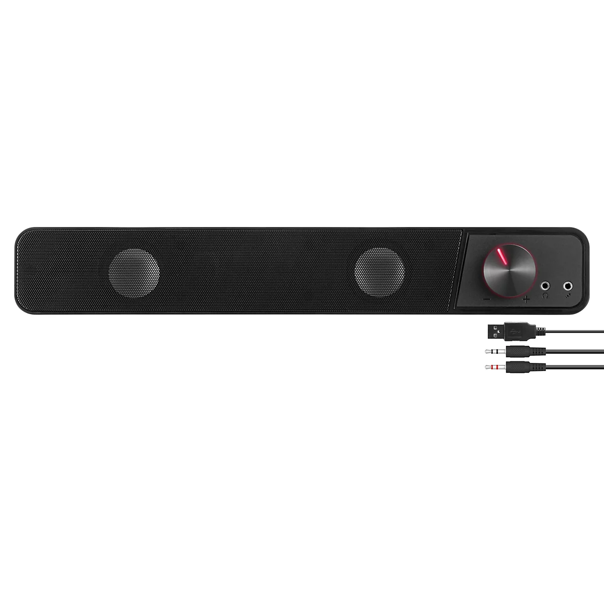 Schwarze Soundbar mit zwei Lautsprecheröffnungen und einem roten Bedienrad. Kabel sind angeschlossen.