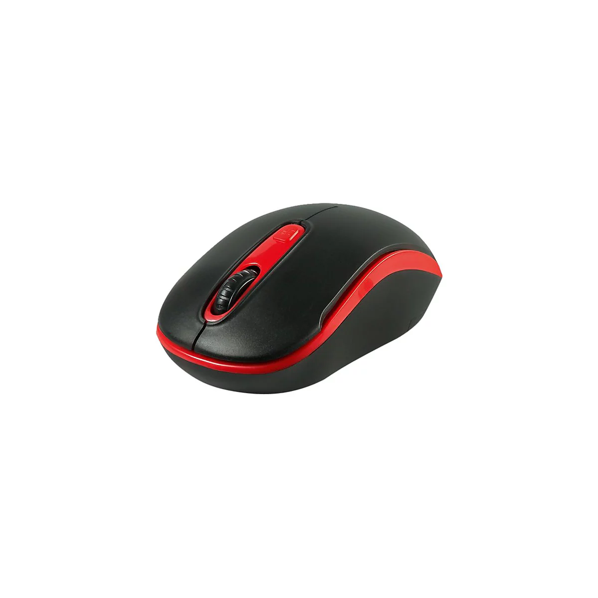 Schwarze Computermaus mit roten Akzenten. Scrollrad, seitliche rote Linien, roter Knopf.