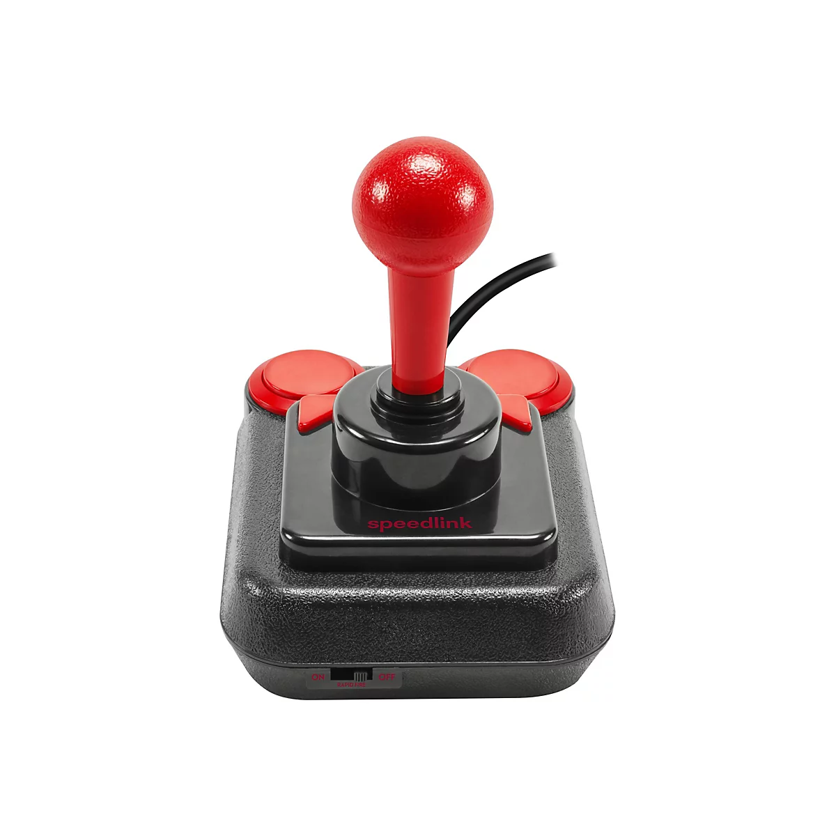 Un joystick noir avec un bouton et des boutons rouges, connexion par câble.