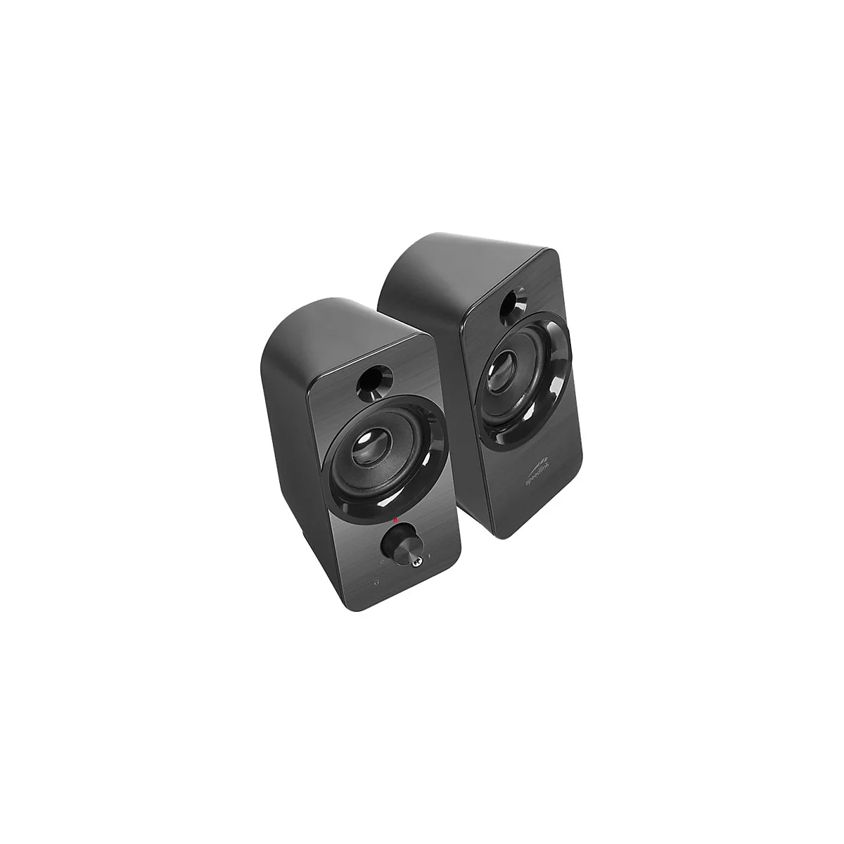 Deux haut-parleurs d'ordinateur noirs, légèrement inclinés. Une commande de volume avec une LED rouge. "speedlink" est écrit sur un haut-parleur.