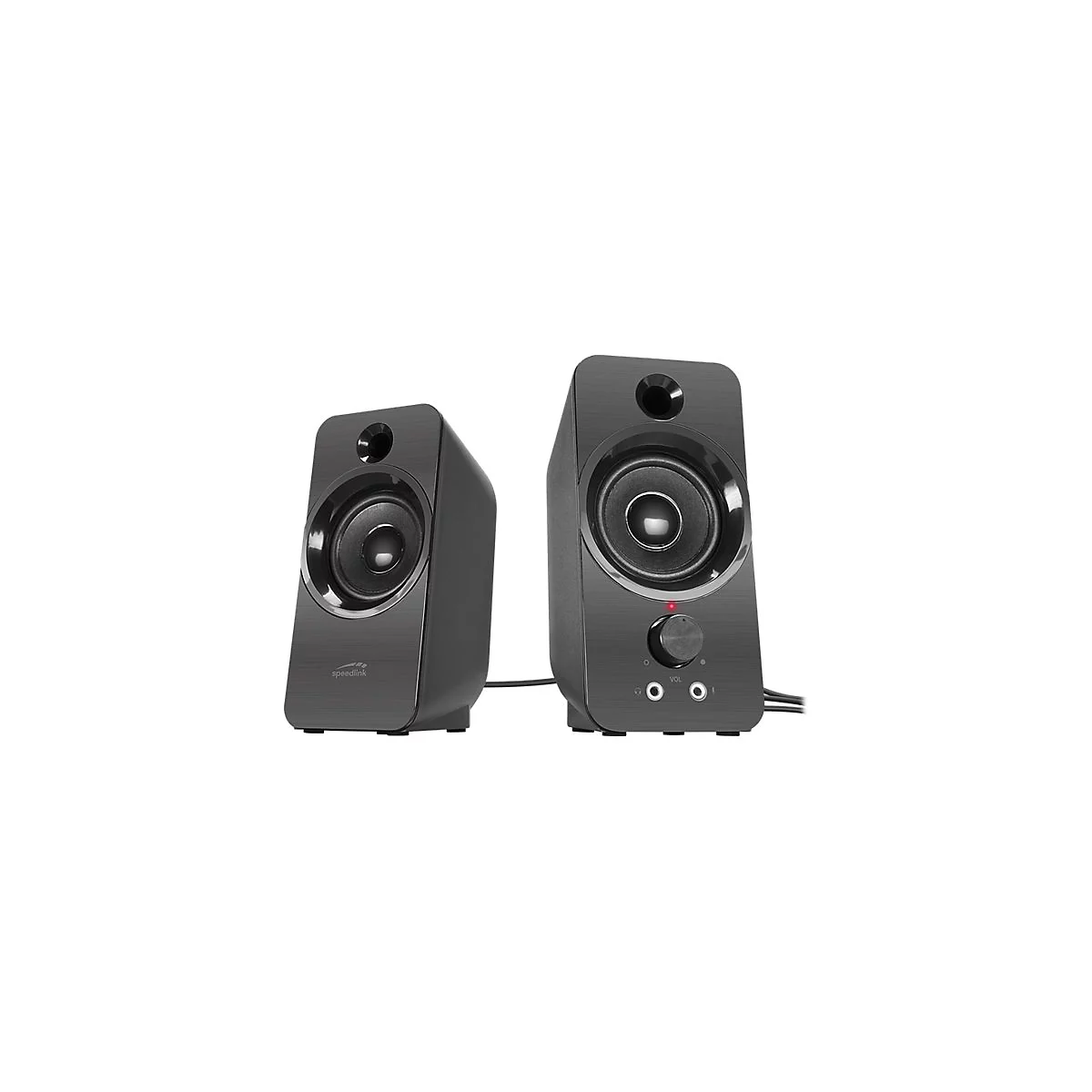 Zwei schwarze Speedlink PC-Lautsprecher. Der rechte Lautsprecher hat einen Lautstärkeregler und eine rote LED.