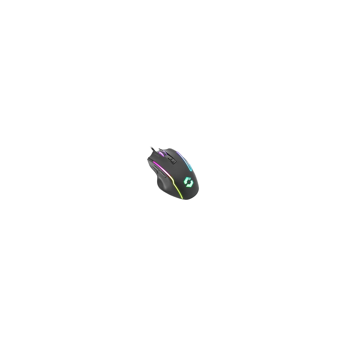 Schwarze Gaming-Maus mit mehrfarbiger RGB-Beleuchtung und Logo auf weißem Hintergrund.
