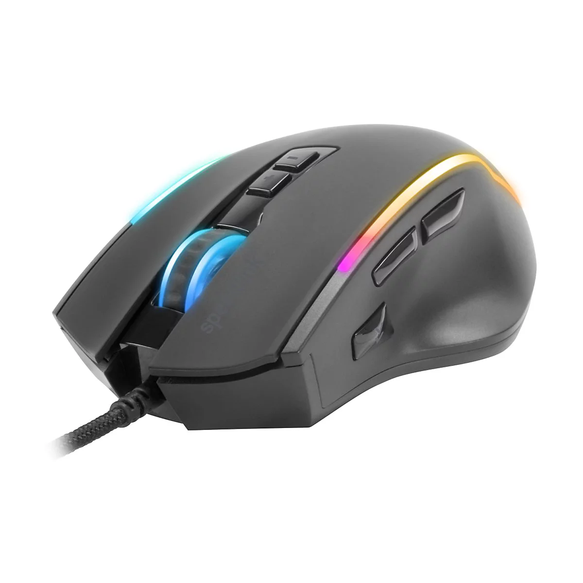 Schwarze Gaming-Maus mit RGB-Beleuchtung und Kabel, schräg von oben vor weißem Hintergrund.