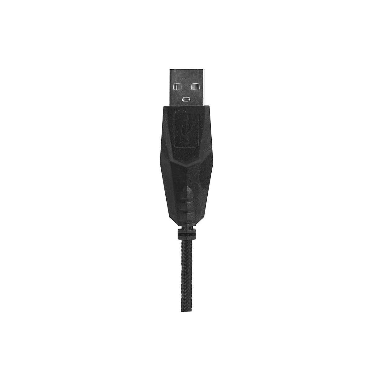 Schwarzer USB-A-Stecker mit geformtem Kunststoffgehäuse und textilem Kabelmantel vor weißem Hintergrund.