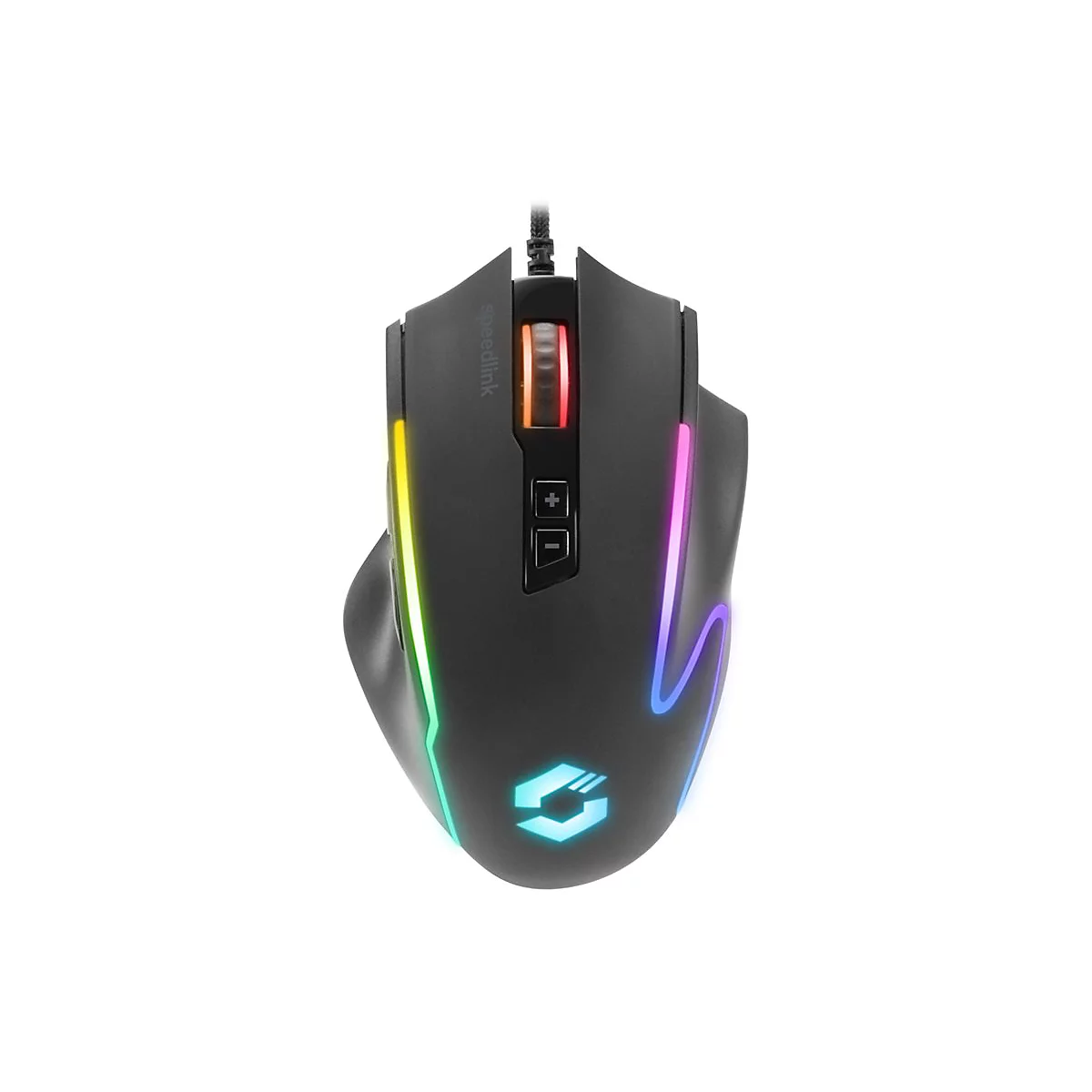 Schwarze Gaming-Maus von Speedlink mit farbiger RGB-Beleuchtung auf weißem Hintergrund.
