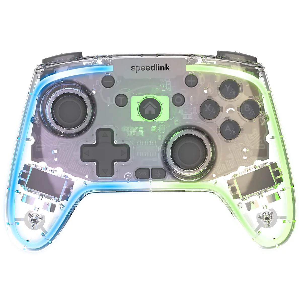 Transparenter Gamecontroller mit blauer und grüner Beleuchtung und sichtbaren Bauteilen. Aufschrift 'speedlink'.