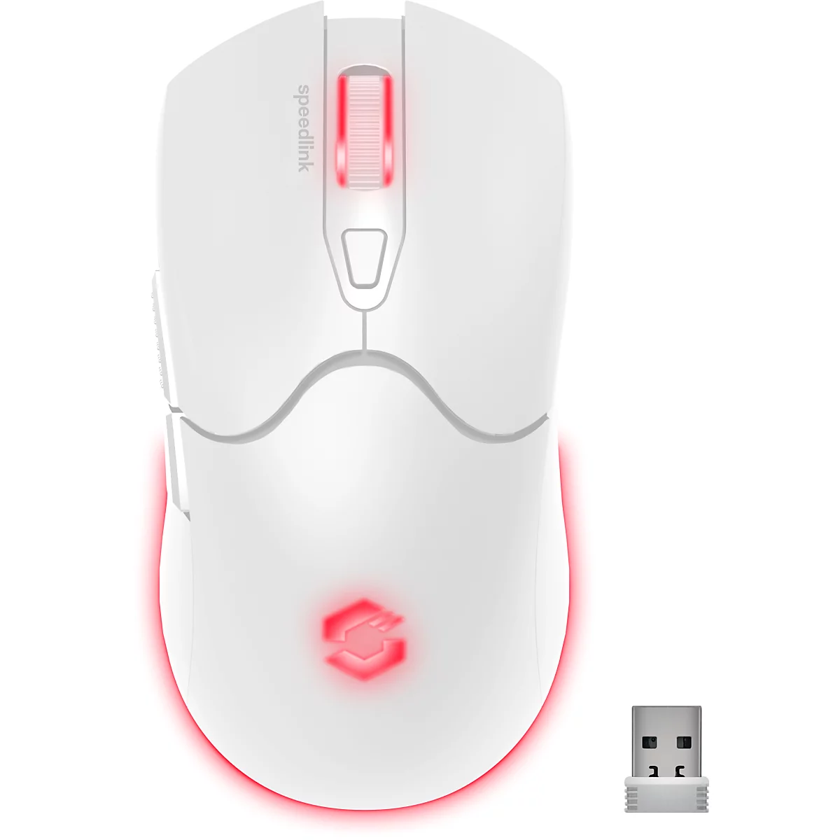Weiße Gaming-Maus mit roter Beleuchtung und USB-Empfänger.