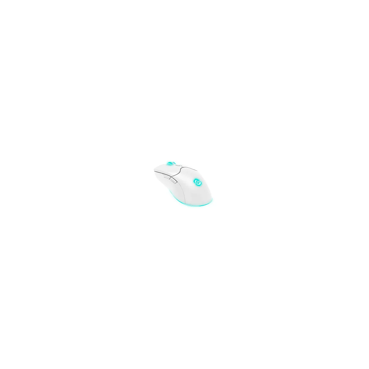 Weiße Gaming-Maus mit blauer Beleuchtung, Logo, Scrollrad und Seitentasten.