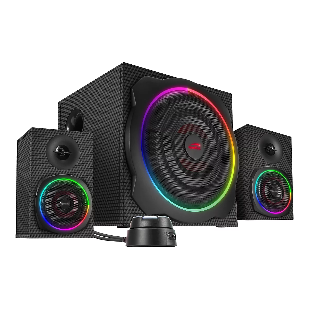 Ein dreiteiliges Lautsprechersystem mit Subwoofer und zwei Satelliten. Die Lautsprecher haben eine schwarze, geometrische Musterung und RGB-Beleuchtung.