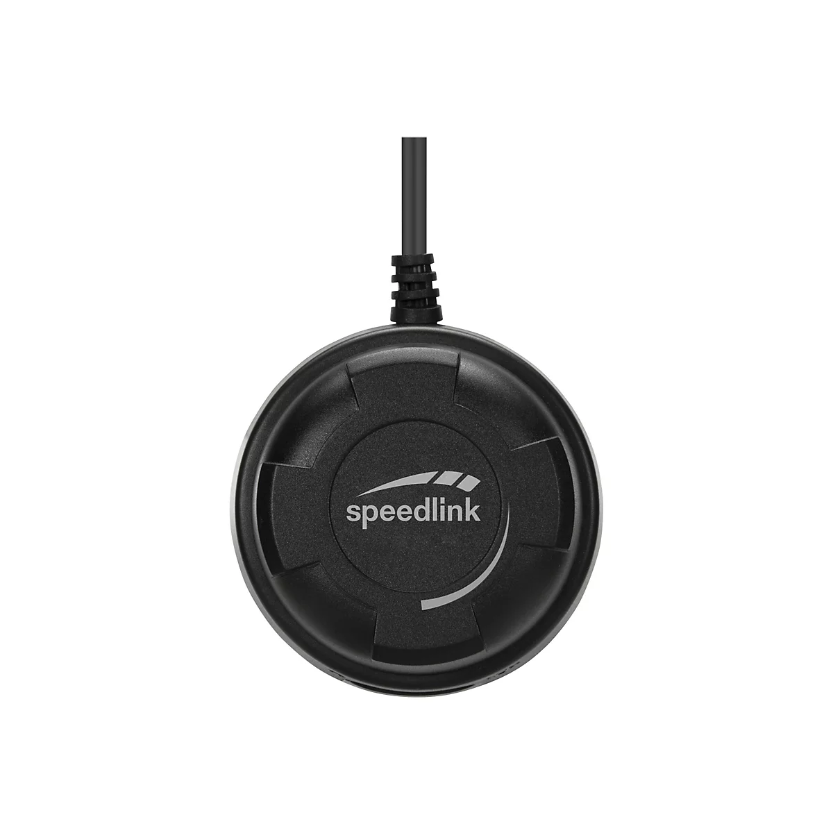 Rundes, schwarzes Speedlink-Gerät mit Kabelanschluss. Auf der Oberfläche Schriftzug "speedlink" und Logo.