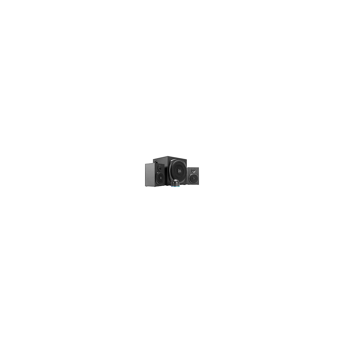Schwarzes Lautsprechersystem mit Subwoofer, zwei Satellitenlautsprechern und einem Bedienmodul.