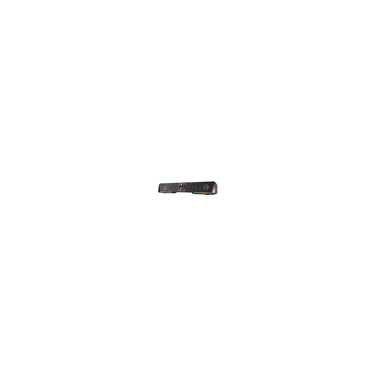 Schwarze Soundbar mit bunten LEDs an den Seiten. In der Mitte befindet sich ein Drehregler mit rotem Akzent und Anschlüssen.