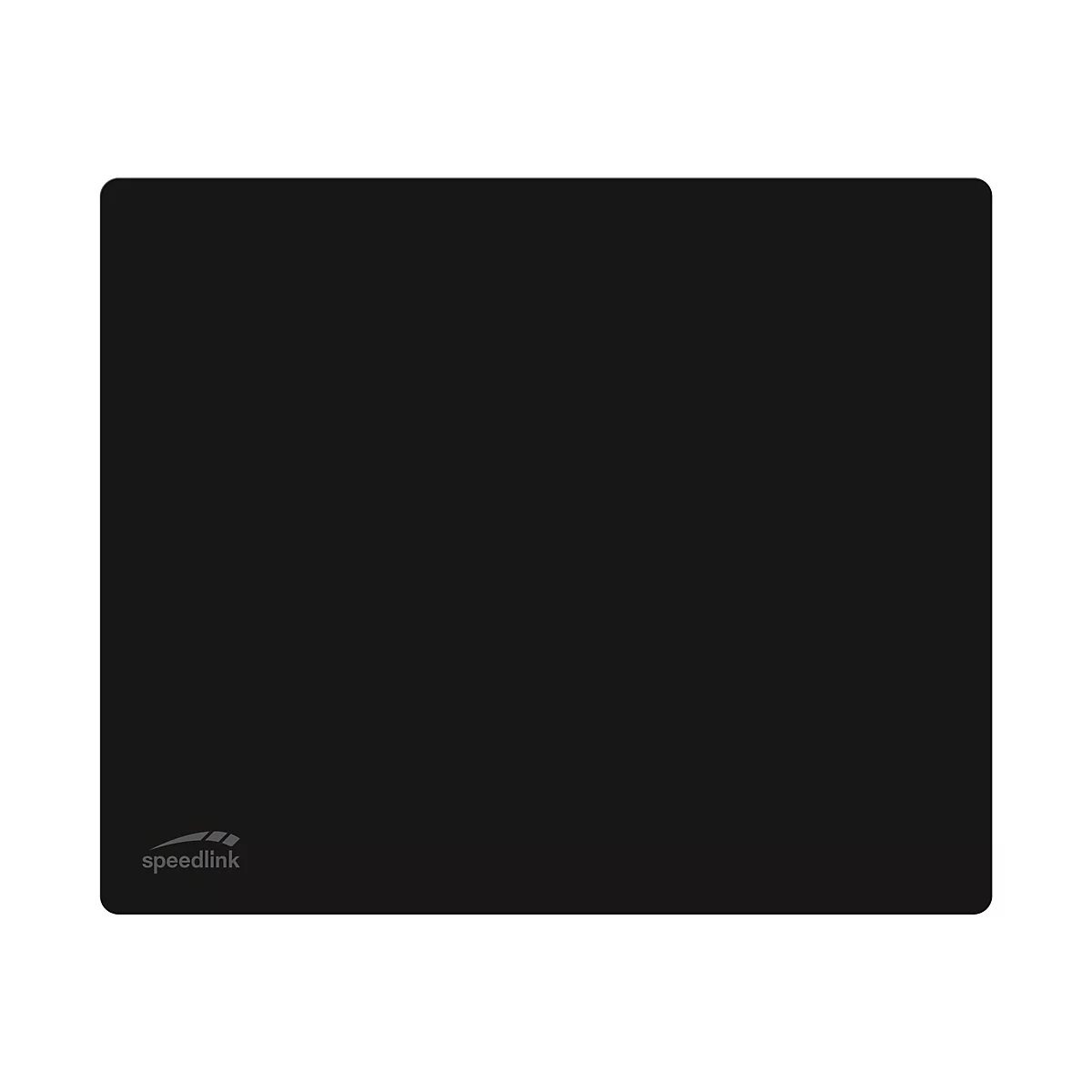 Tapis de souris rectangulaire noir avec des coins arrondis. Le nom de la marque "speedlink" est situé en bas à gauche.