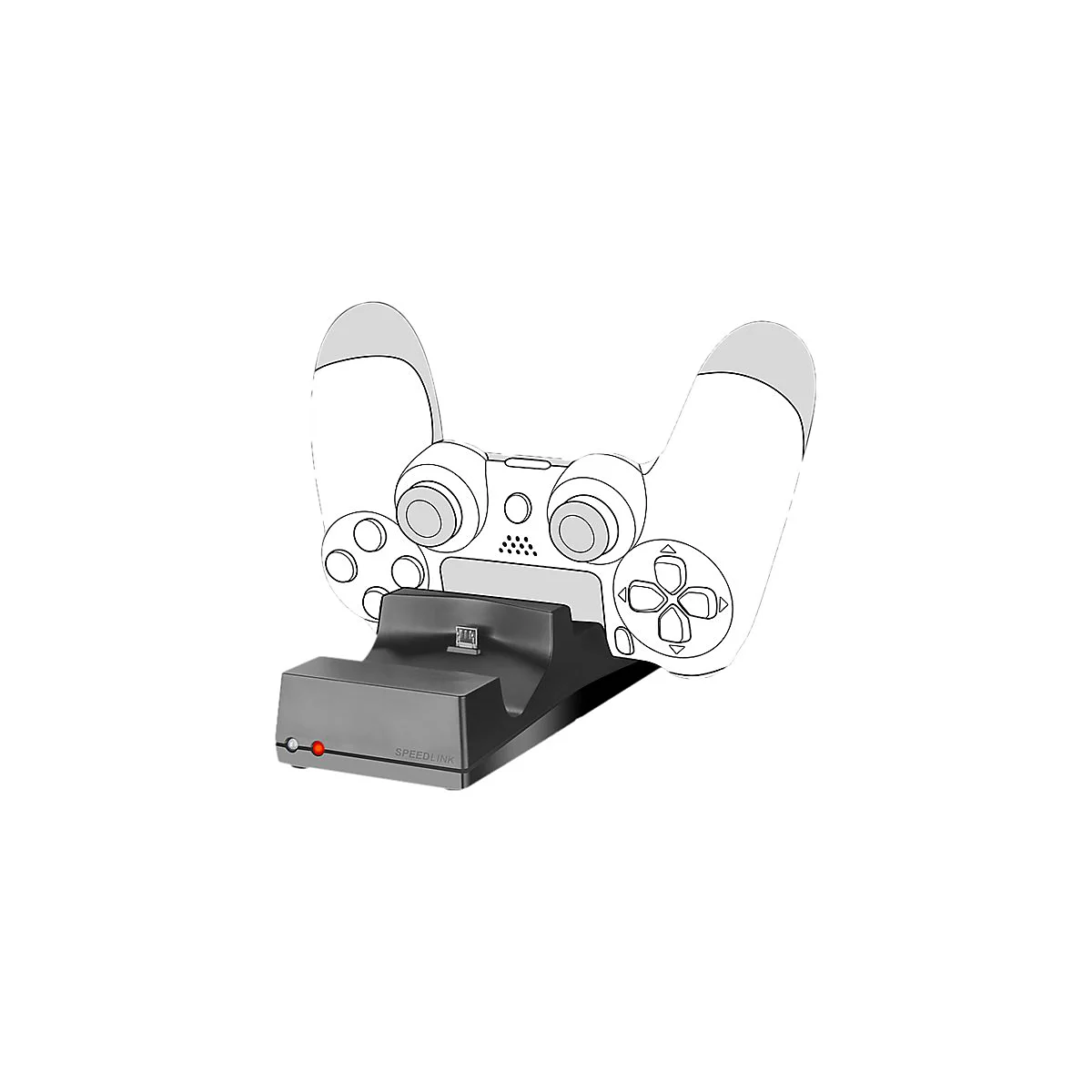 Schwarze Speedlink Ladestation mit einem aufgesteckten, schematisch gezeichneten Gamecontroller vor weißem Hintergrund.