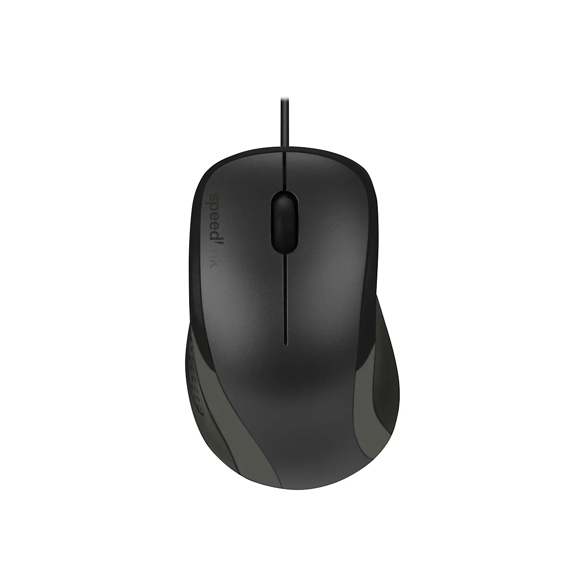 Schwarze kabelgebundene Speedlink-Computermaus mit mittigem Mausrad vor weißem Hintergrund.