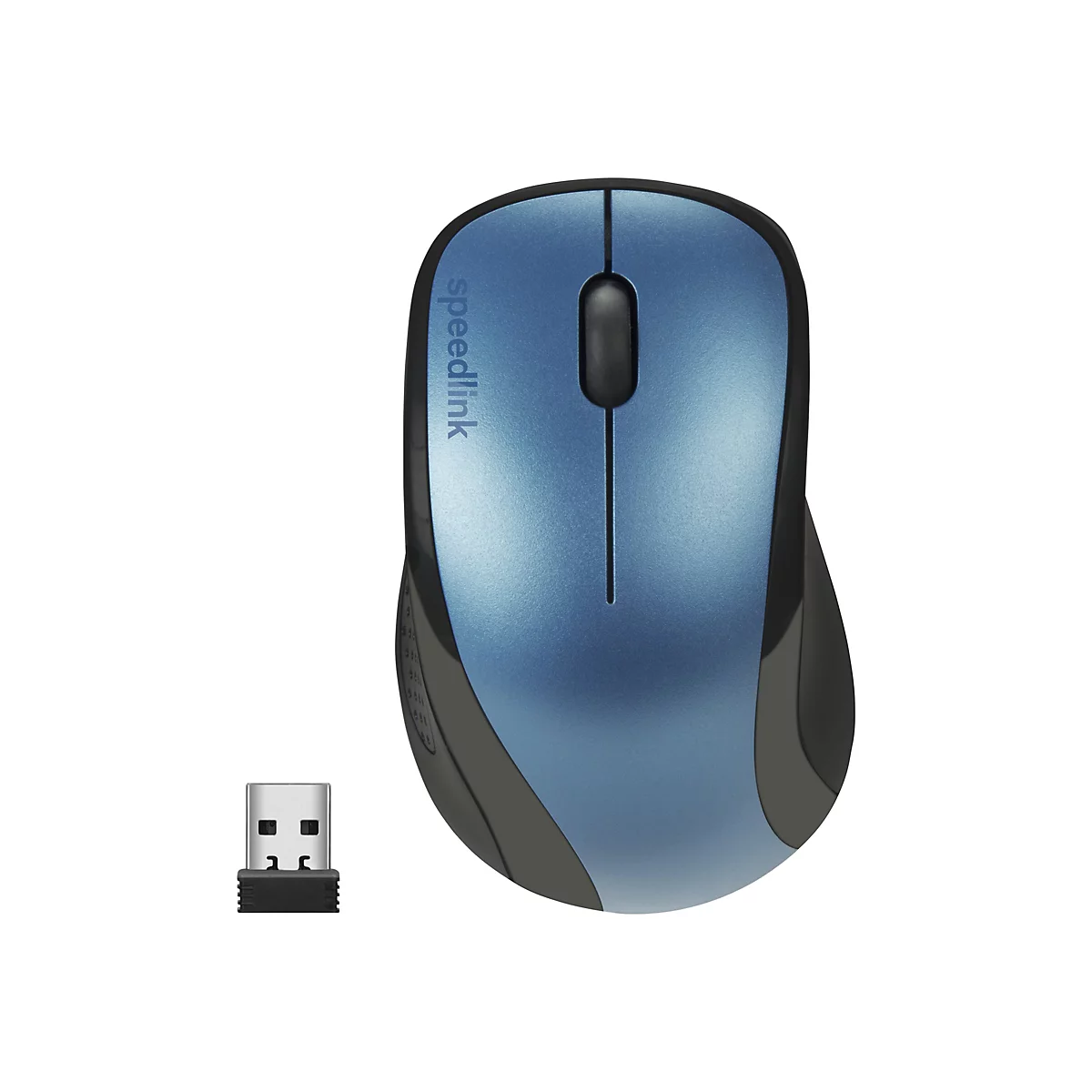 Blaue kabellose Maus von Speedlink mit USB-Empfänger auf weißem Hintergrund.