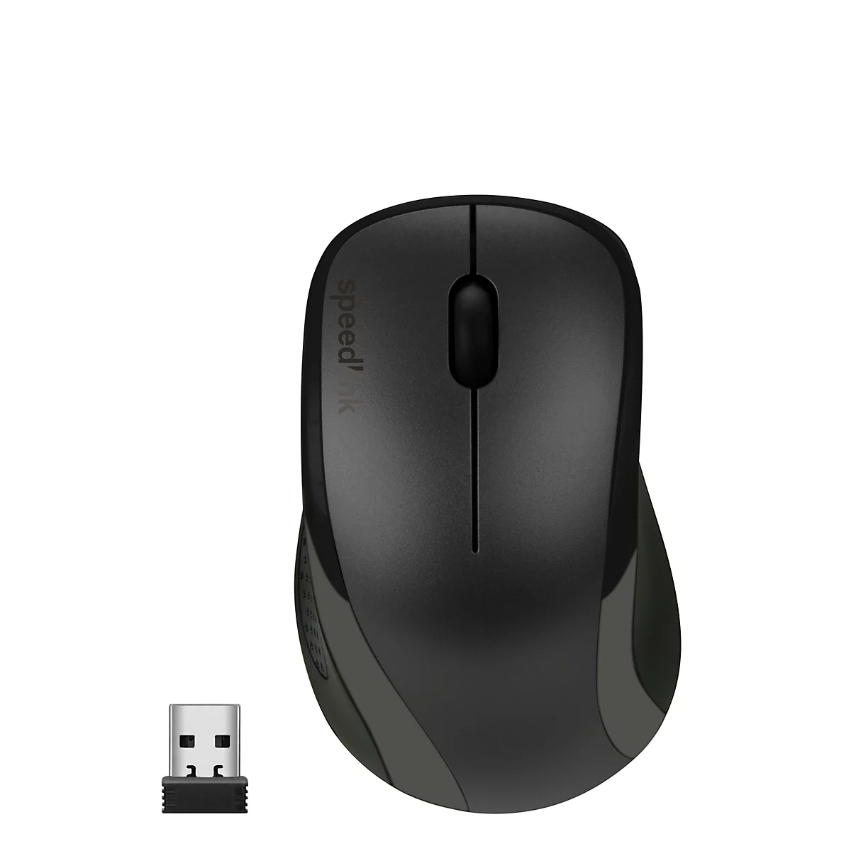 Drahtlose Maus, schwarz mit USB-Empfänger. Auf der Maus steht Speedlink.
