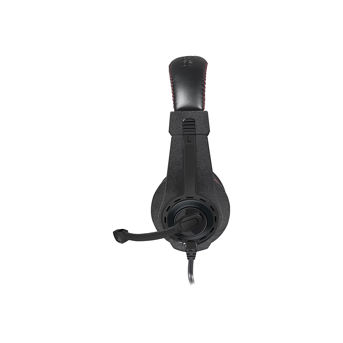 Schwarzes Gaming-Headset mit roter Ziernaht am Kopfbügel, seitliche Ansicht mit ausklappbarem Mikrofon.