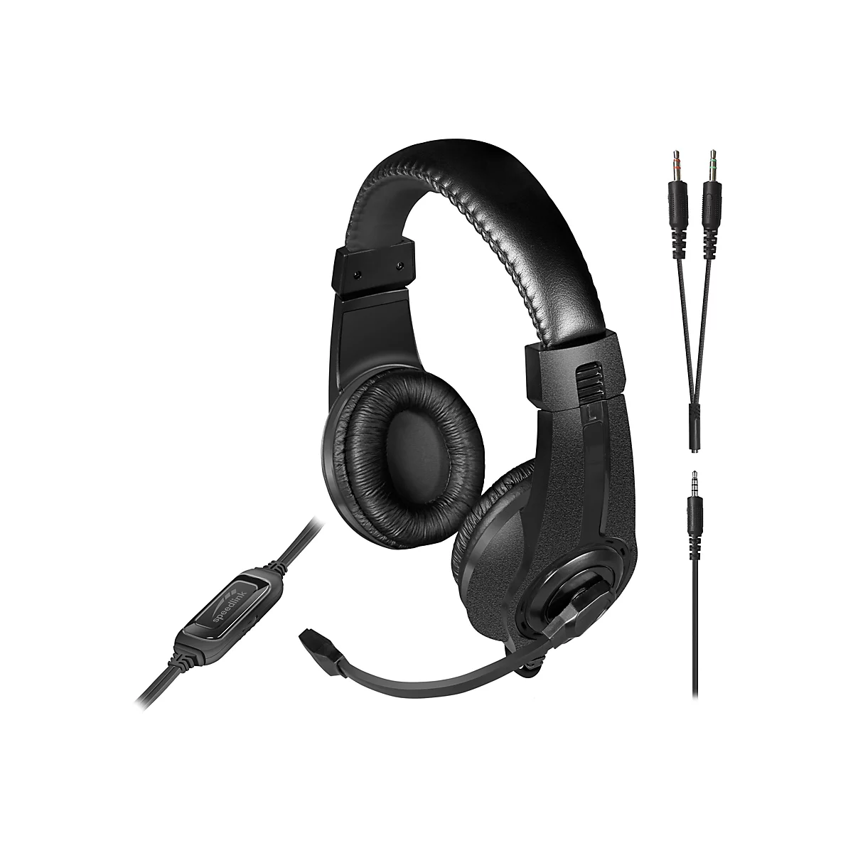 Schwarzes Speedlink Gaming-Headset mit Kabelfernbedienung und abnehmbarem Adapter vor weißem Hintergrund.
