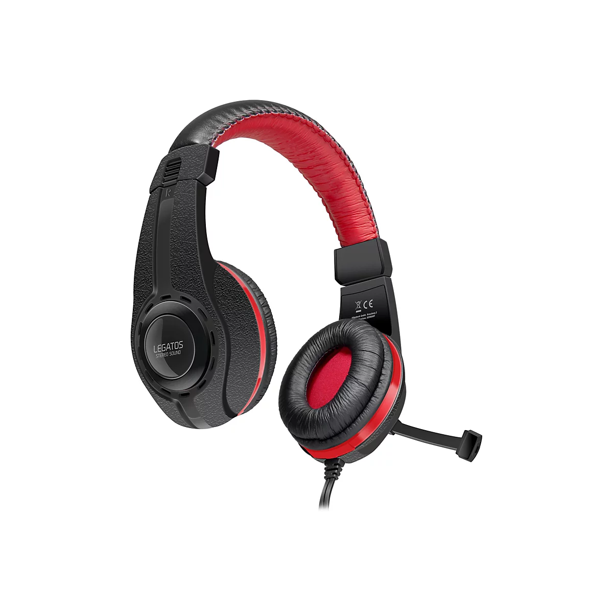 Schwarzes Gaming-Headset mit roten Akzenten an Kopfbügel und Ohrmuscheln, Schriftzug Legatos Stereo Sound.