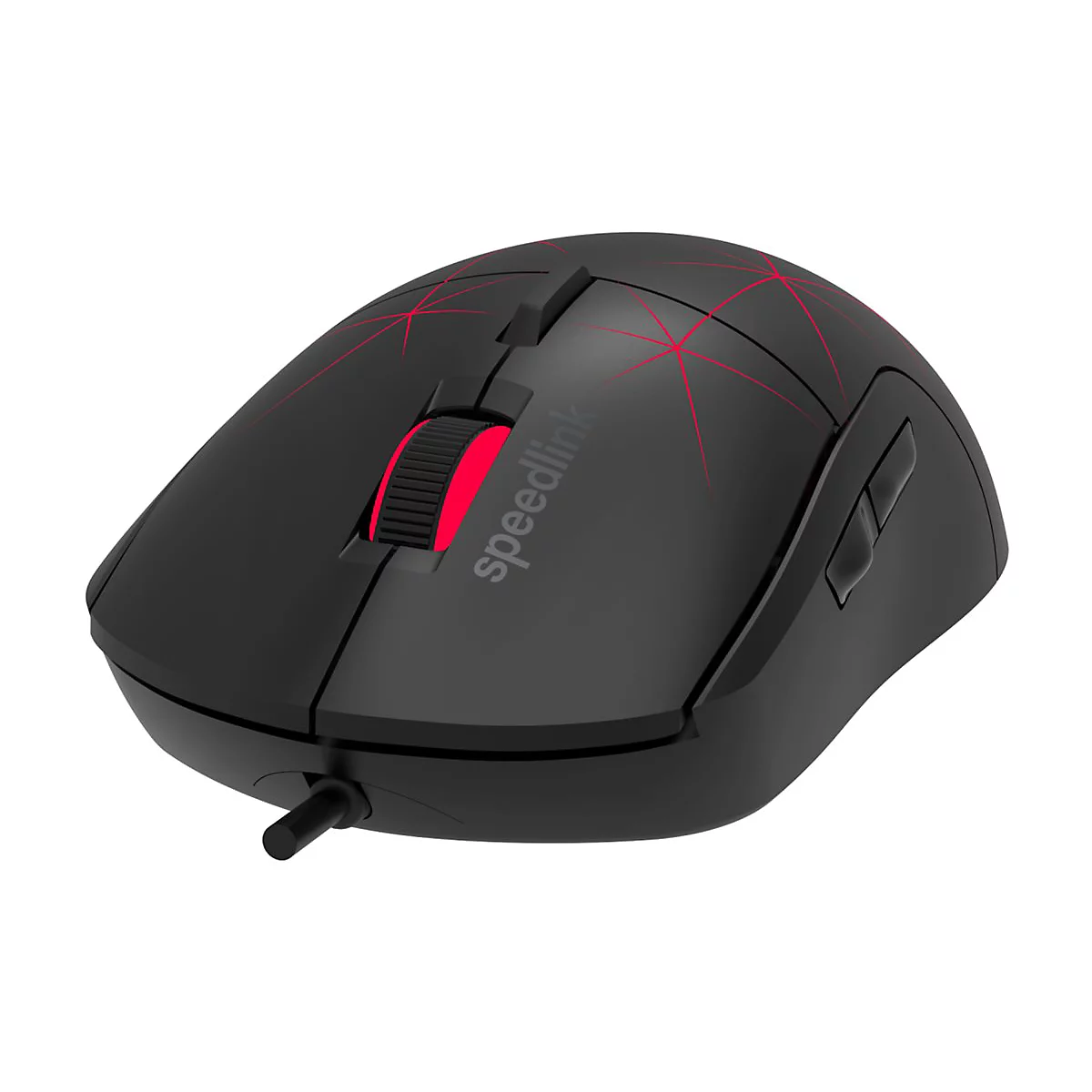 Schwarze kabelgebundene Gaming-Maus mit roter Beleuchtung und Speedlink-Schriftzug vor weißem Hintergrund.