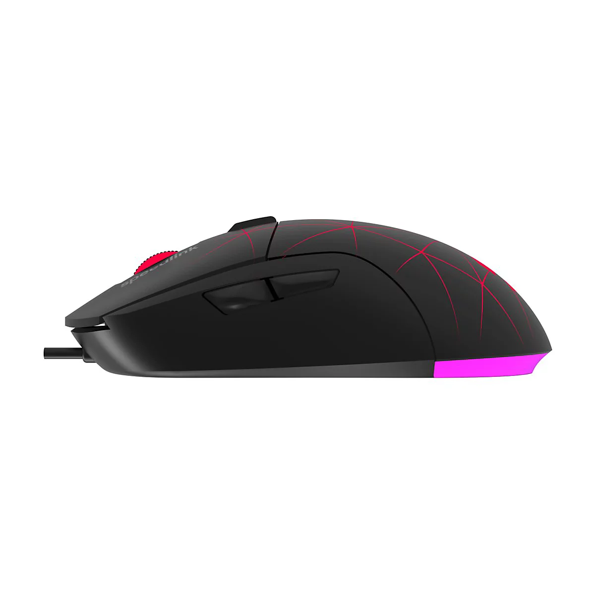 Schwarze kabelgebundene Gaming-Maus in Seitenansicht mit roter Beleuchtung am Mausrad und violettem Lichtstreifen am Heck.