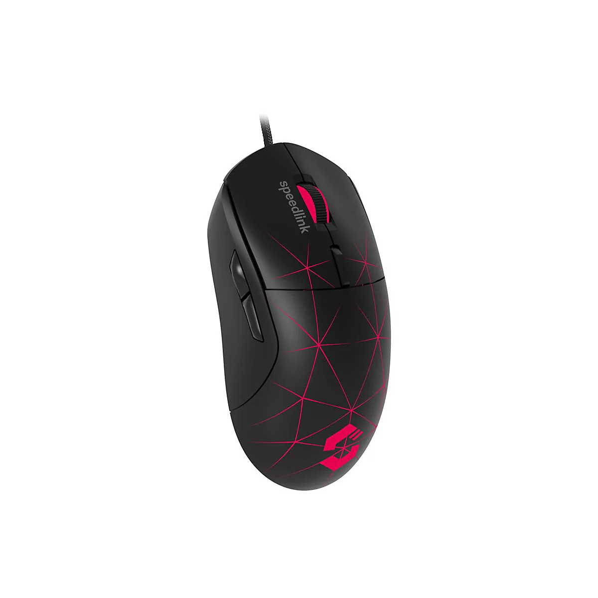 Schwarze Gaming-Maus mit pinkem Netzmuster, beleuchtetem Scrollrad und Speedlink-Logo.