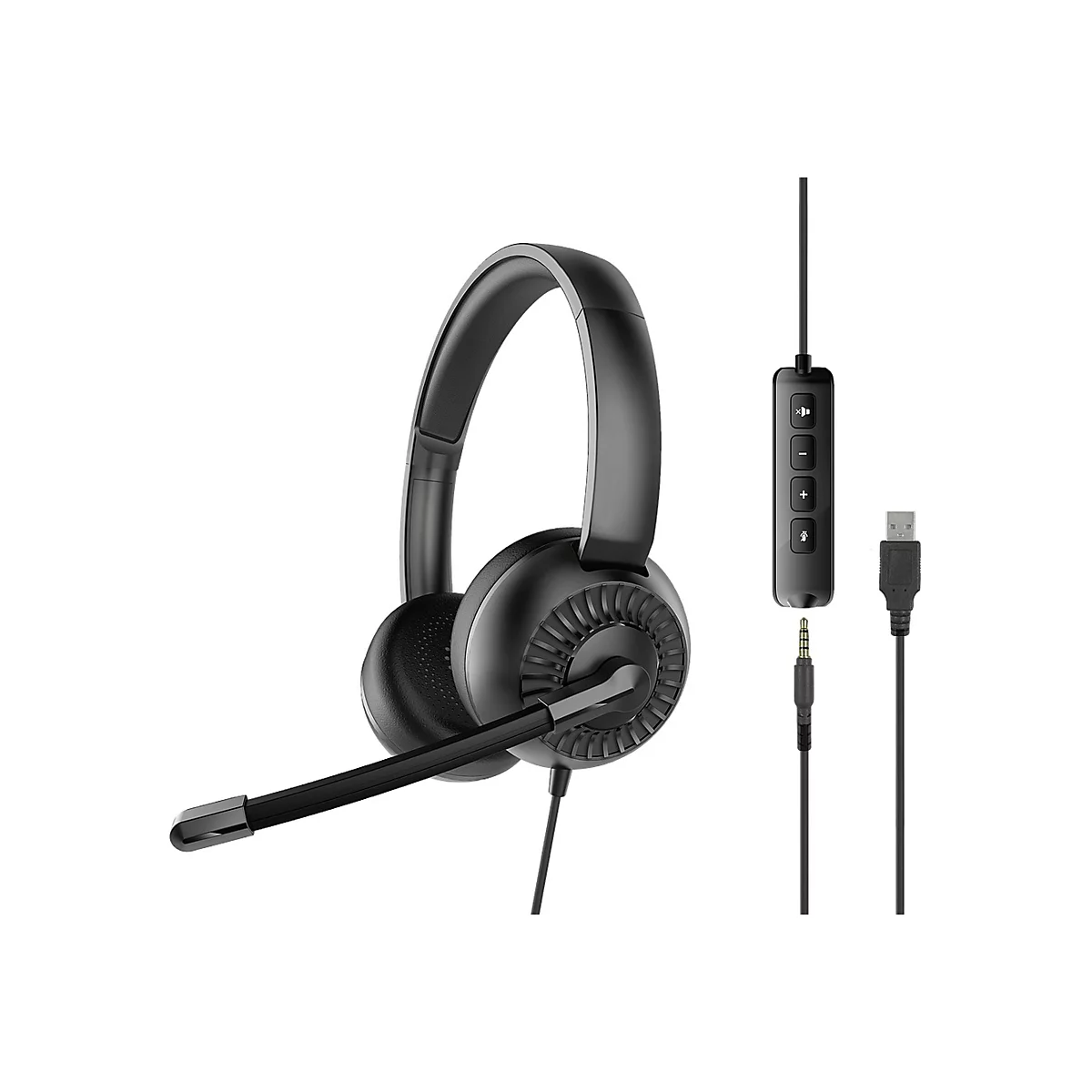 Schwarzes Headset mit Mikrofonarm, Kabelfernbedienung und USB- sowie Klinkenanschluss vor weißem Hintergrund.