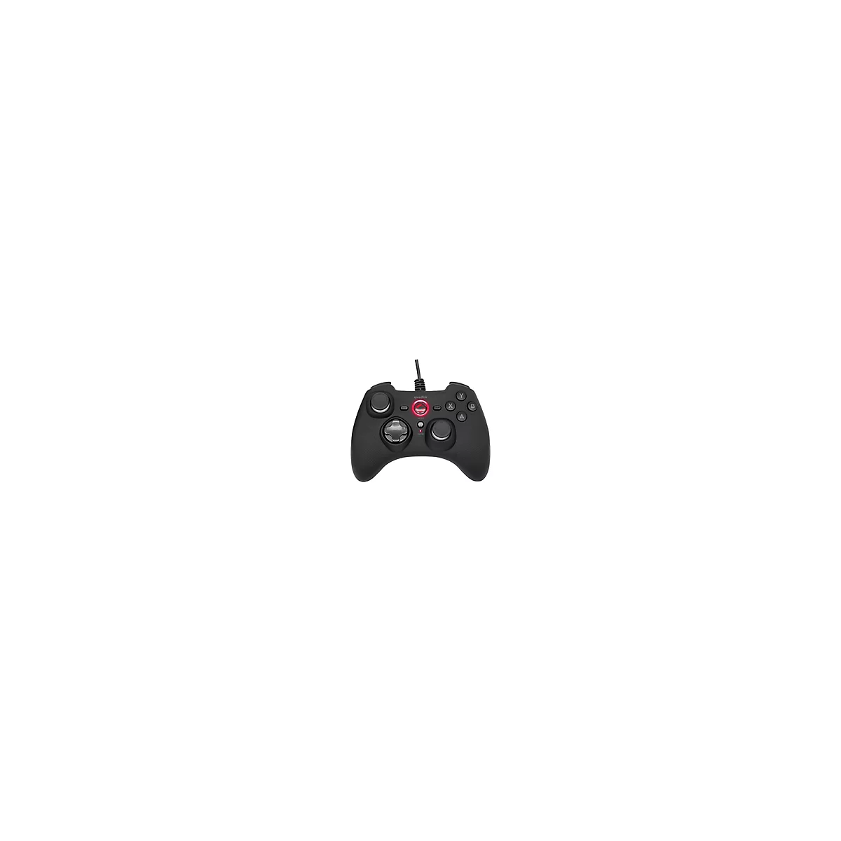 Schwarzer Gamecontroller mit roter LED-Beleuchtung. Das Speedlink-Logo ist zu sehen.