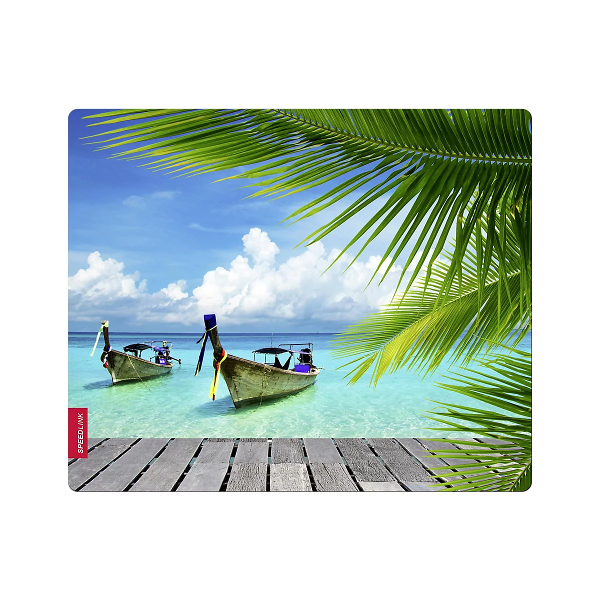 Zwei Langboote im türkisfarbenen Wasser unter Palmen und blauem Himmel mit Wolken. Auf einem Holzsteg steht der Schriftzug SPEEDLINK.