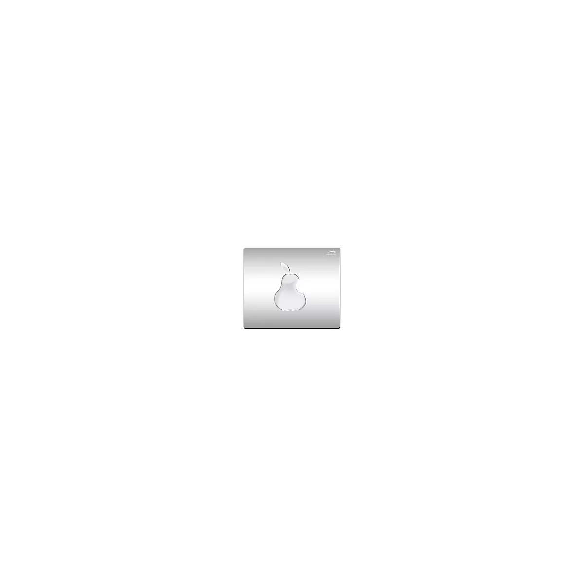 Silberne Oberfläche mit einem Birnen-Logo, das dem Apple-Logo nachempfunden ist.