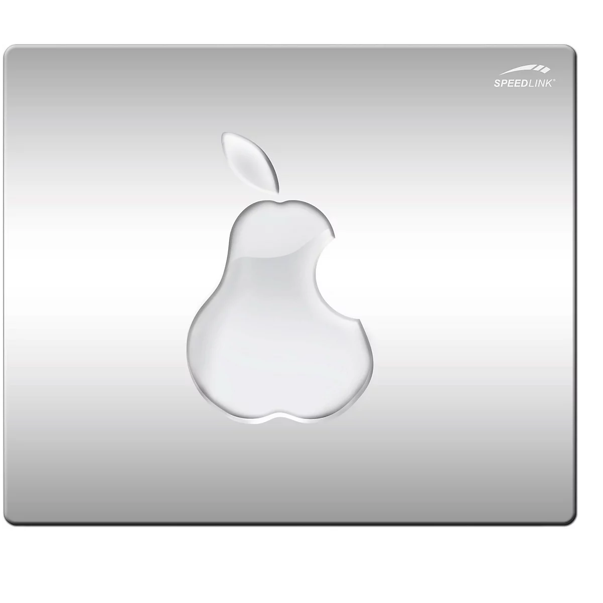 Hellgraues Mauspad mit weißem Apfel-Logo. Oben rechts steht "SPEEDLINK".