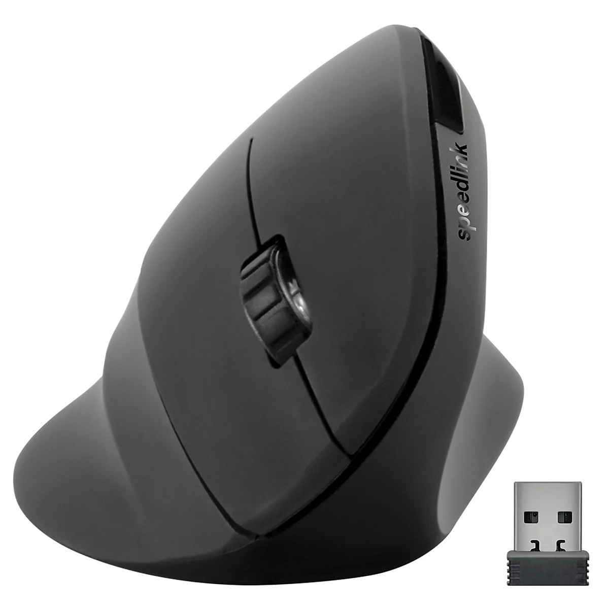 Souris verticale noire, logo Speedlink, récepteur USB.