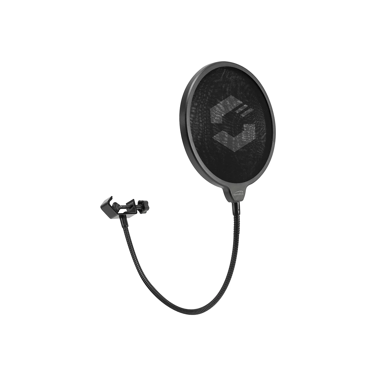 Un filtre anti-pop noir pour microphone avec logo, col de cygne et pince.