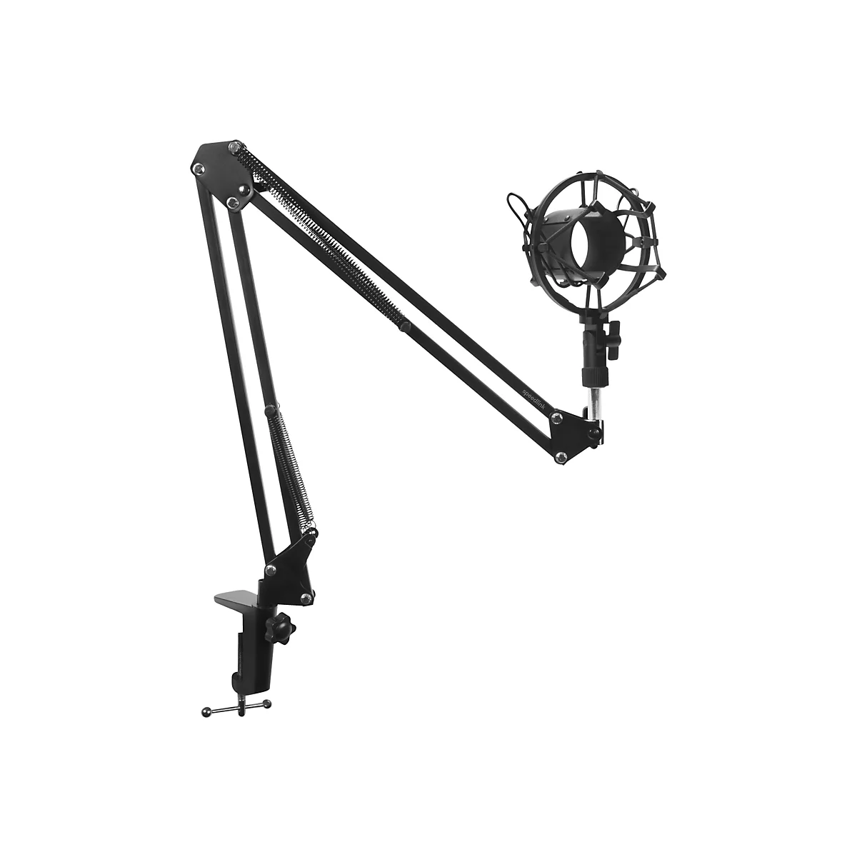 Bras de microphone noir avec support de microphone sur fond blanc. Le bras est en métal et comporte des ressorts pour la flexibilité.