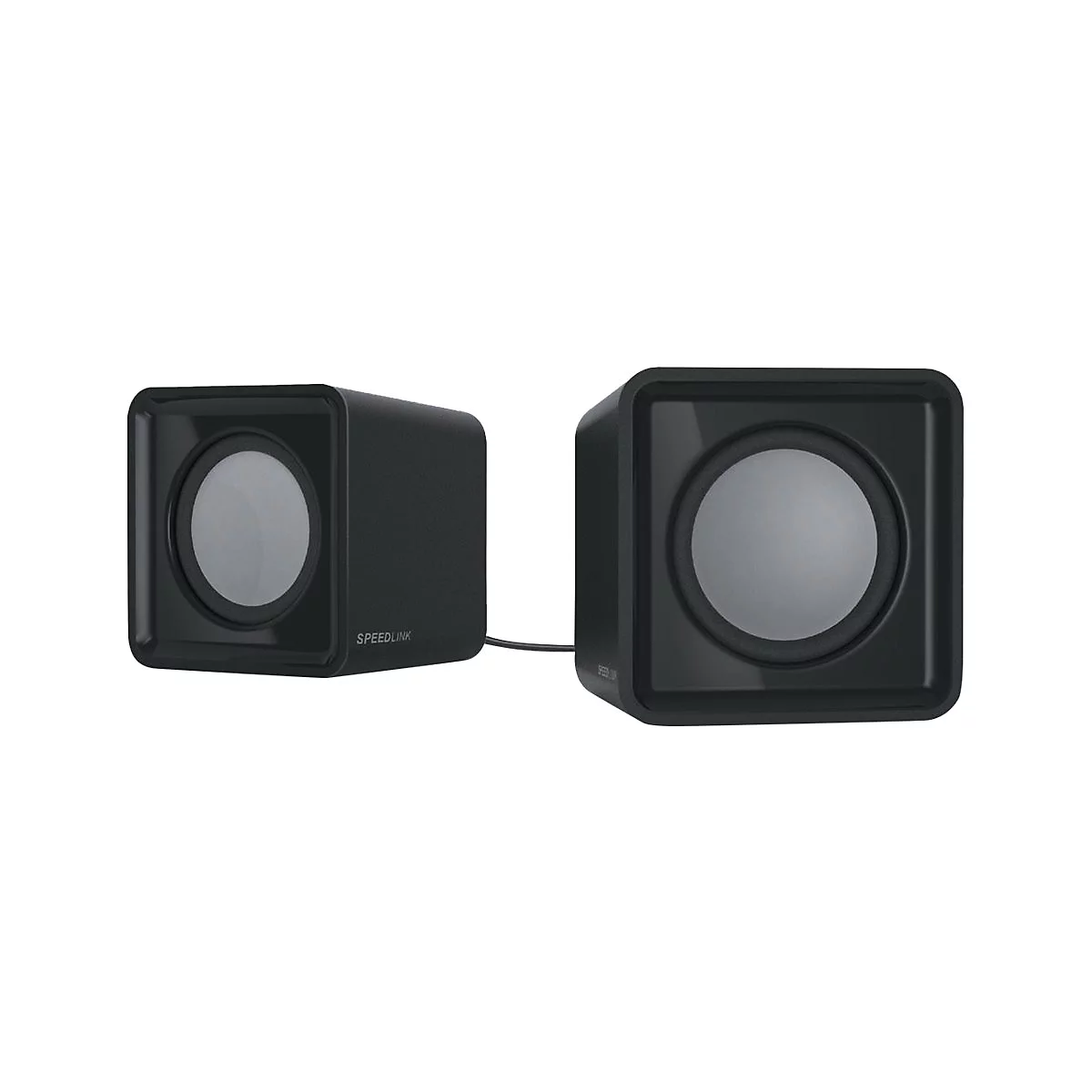 Deux enceintes carrées noires avec des membranes de haut-parleur rondes, reliées par un câble. SPEEDLINK est écrit sur une enceinte.