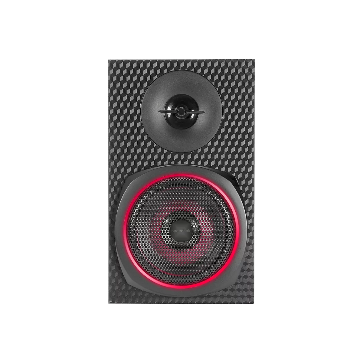 Un haut-parleur noir avec un motif en forme de cube sur la surface. L'élément inférieur est bordé de rouge et comporte une grille, avec "speedlink" écrit en dessous.