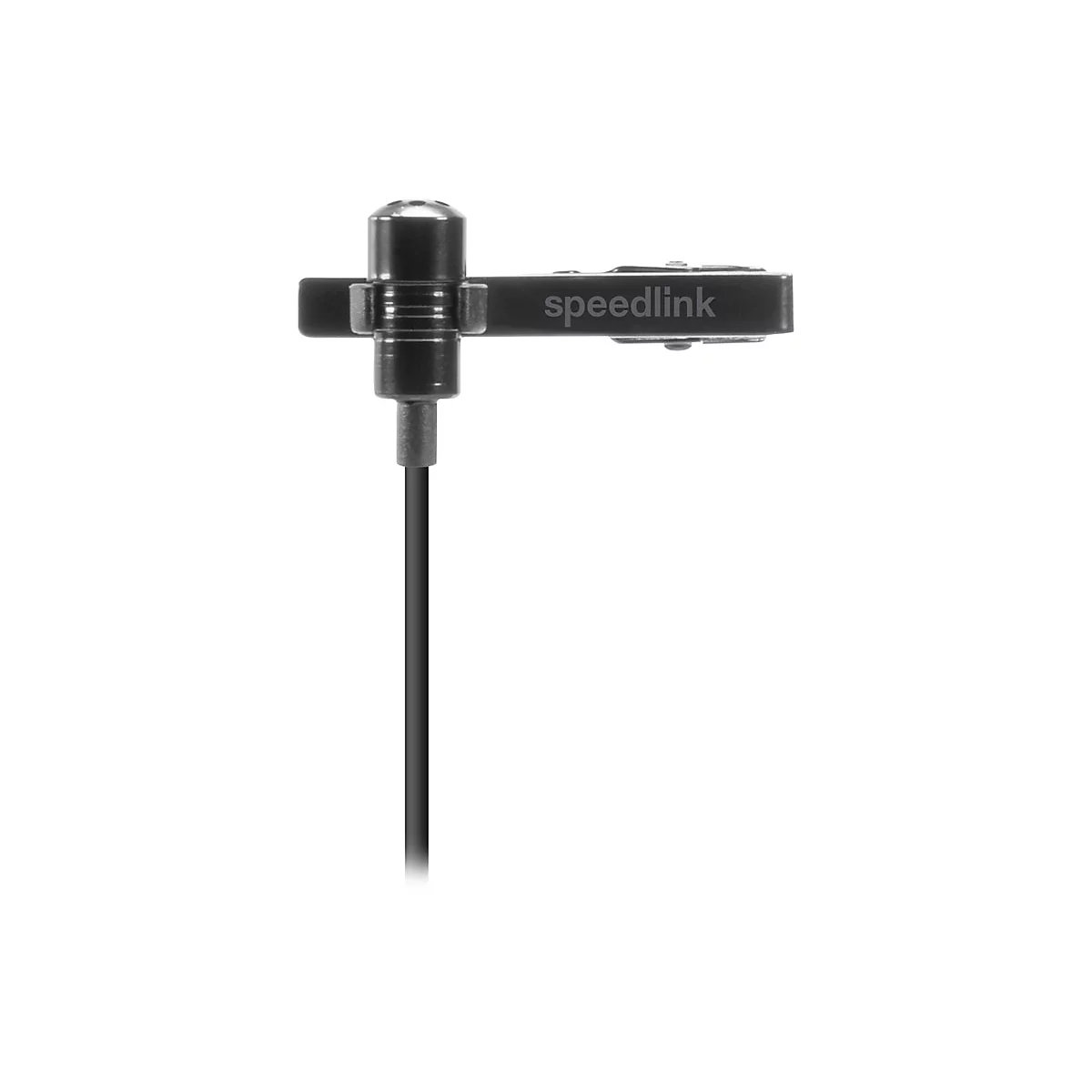 Schwarzes Speedlink Ansteckmikrofon mit Clip vor weißem Hintergrund.