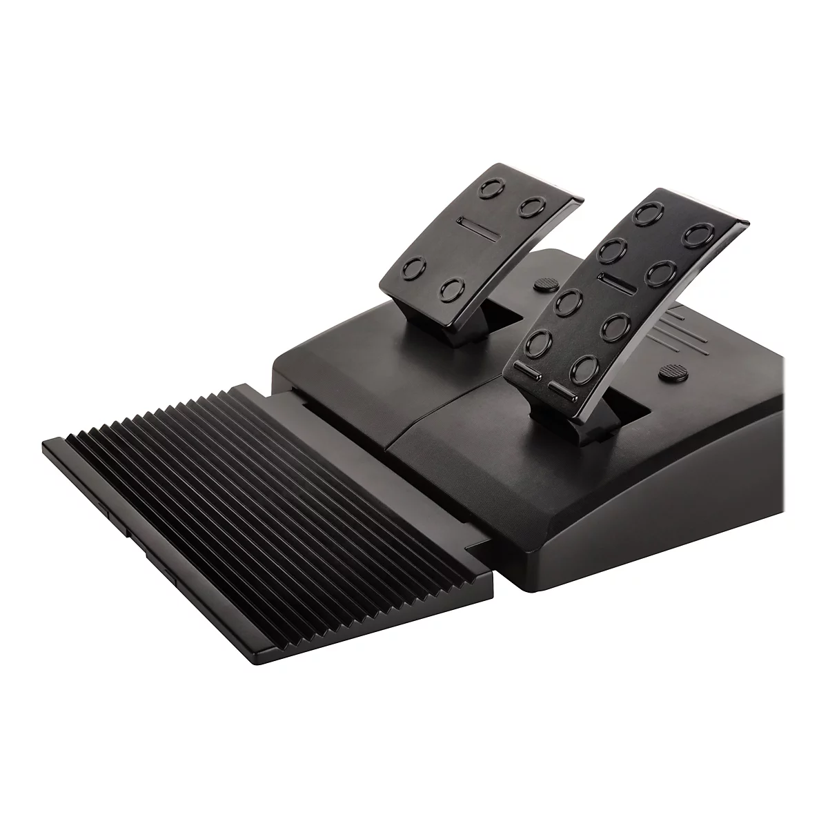 Schwarzes PC-Lenkrad-Pedal. Zwei Pedale und eine geriffelte Fussstütze. Auf weißem Hintergrund.
